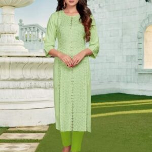 Sequins-work Embellished Long Straight Kurti - Light Green