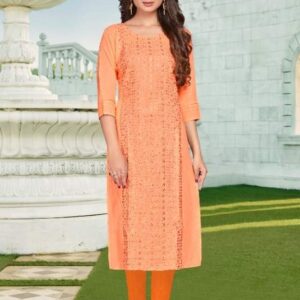 Sequins-work Embellished Long Straight Kurti - Orange