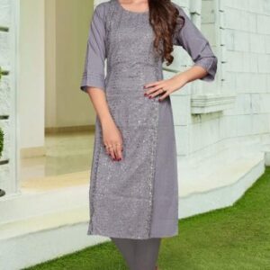 Sequins-work Embellished Long Straight Kurti - Grey