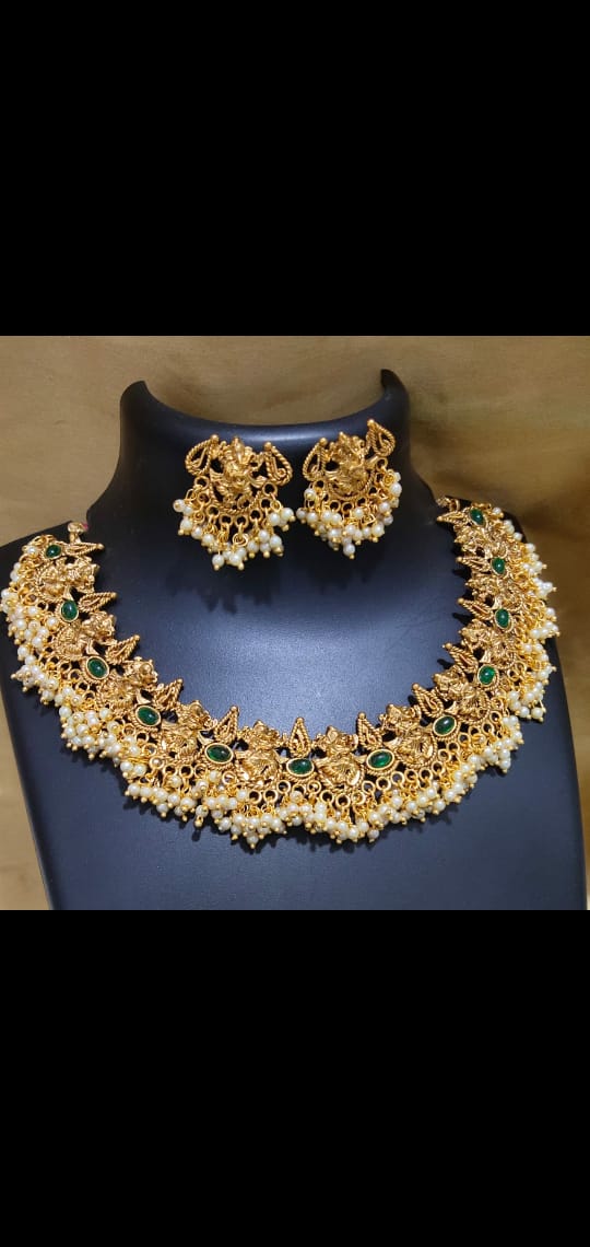 Templework Choker type Necklace set with Dancing Ganesha - Gold Matte Finish / Green Stones/ Pearl beads