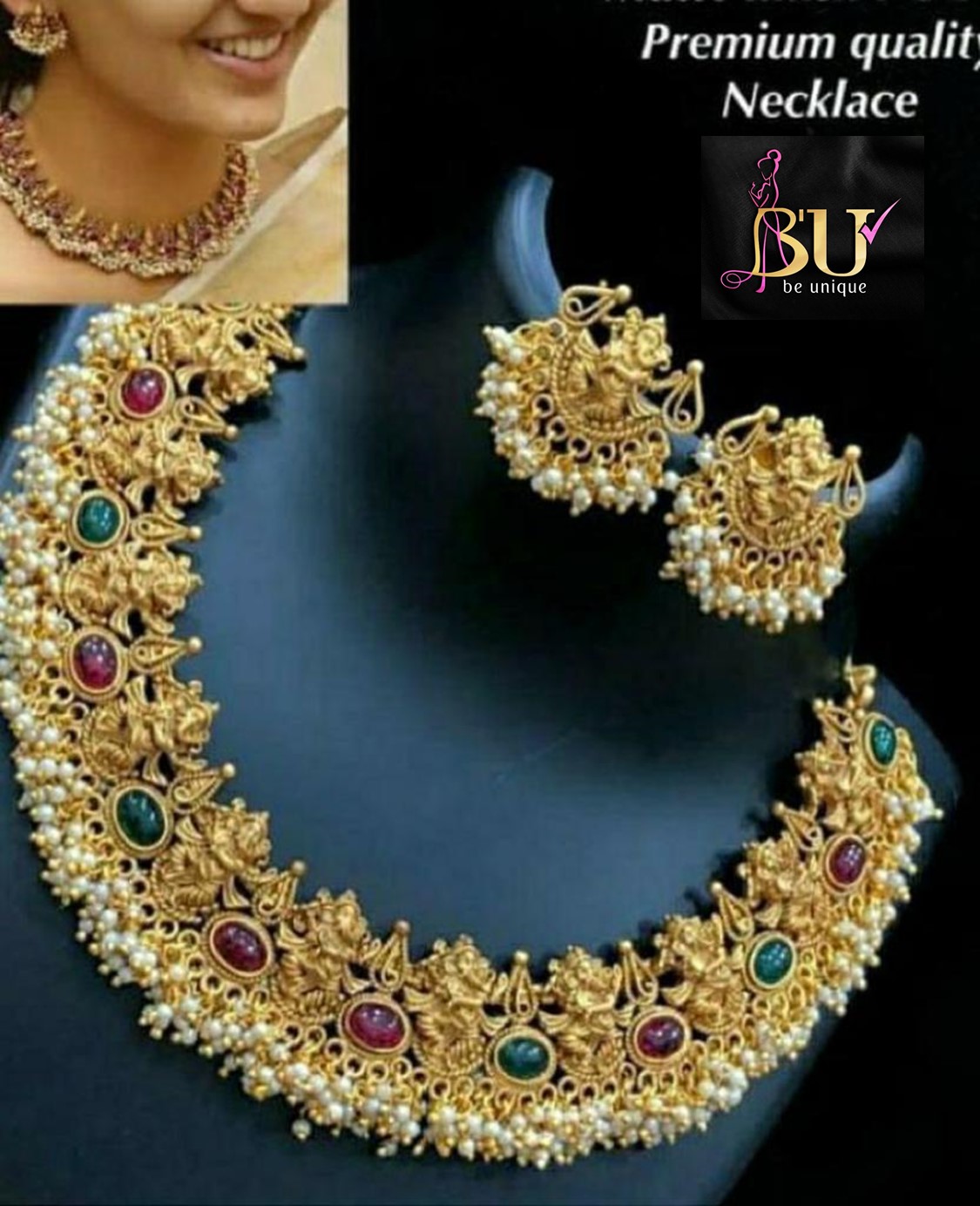 Templework Choker type Necklace set with Dancing Ganesha - Gold Matte Finish /Red-Green Stones/ Pearl beads