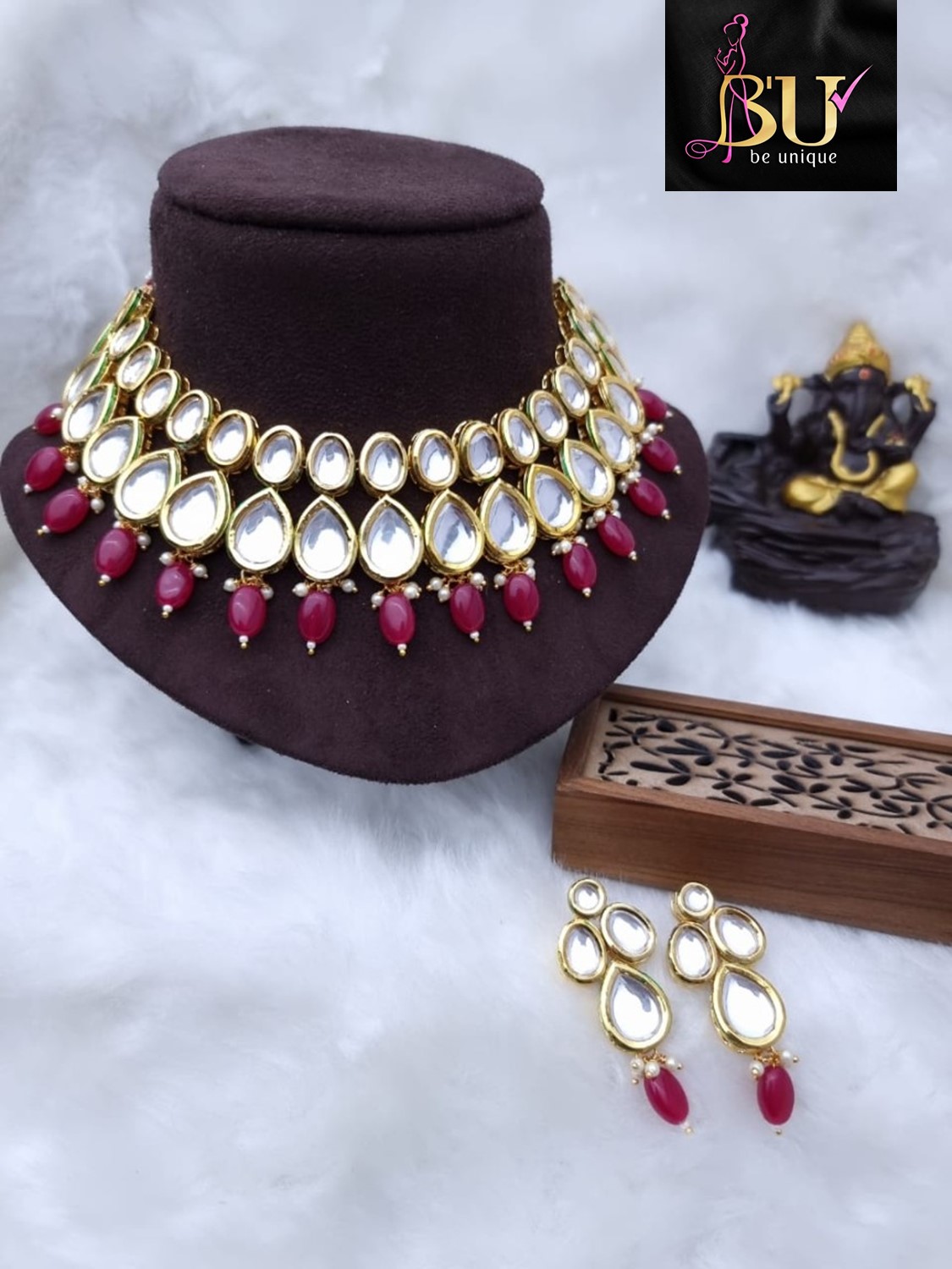 Kundan work Golden Necklace set with Maroon Polki and Pearl coloured Beads