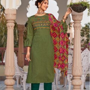 Ethnic Designed Kurti Set with Bandhej Dupatta - Olive Green-Dark Green