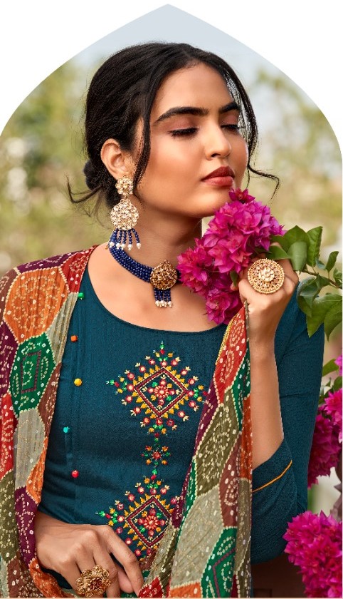 Ethnic Designed Kurti Set with Bandhej Dupatta - Peacock Blue - Peacock Green - Image 2