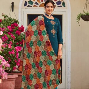 Ethnic Designed Kurti Set with Bandhej Dupatta - Peacock Blue - Peacock Green