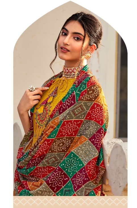 Ethnic Designed Kurti Set with Bandhej Dupatta - Yellow - Maroon - Image 2