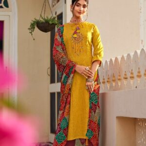 Ethnic Designed Kurti Set with Bandhej Dupatta - Yellow - Maroon