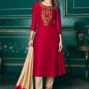 Embroidered Pure Muslin Kurti Set with Benarasi style Dupatta and Designer Pencil pants - Red / Sand