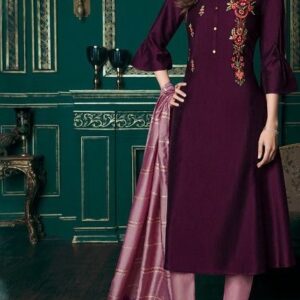 Embroidered Pure Muslin Kurti Set with Benarasi style Dupatta and Designer Pencil pants - Purple / Light Purple
