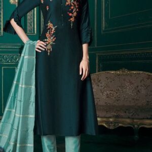 Embroidered Pure Muslin Kurti Set with Benarasi style Dupatta and Designer Pencil pants - Peacock Green / Light Green