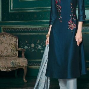 Embroidered Pure Muslin Kurti Set with Benarasi style Dupatta and Designer Pencil pants - Peacock Blue / Light Blue