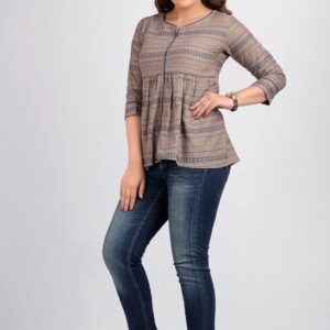 Cotton-Jacquard Slub Tunic Tops - Dark Biege / Brown / Blue