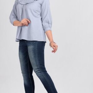 Cotton-Jacquard Slub Tunic Tops - Sky Blue