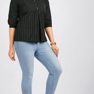 Cotton-Jacquard Slub Tunic Tops - Black / Silver