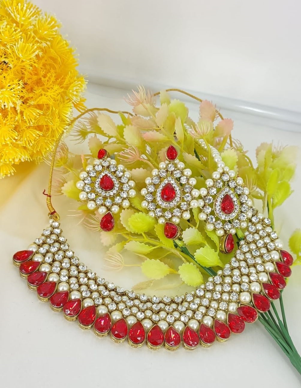 Fancy Choker Necklace Set with Maangtikka - Gold / White and Red Glass stones / Pearl beads