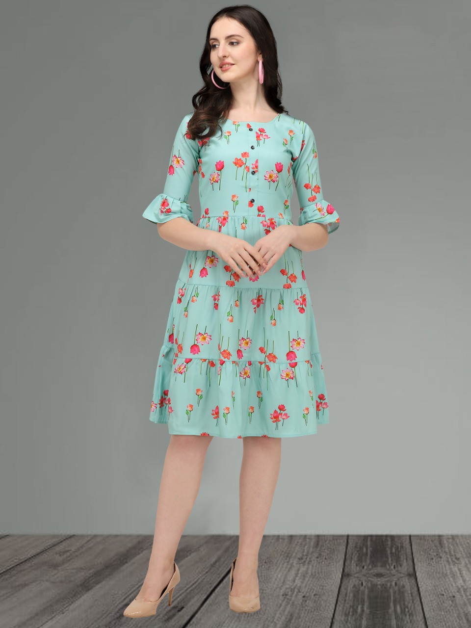 FROCKS - SKY BLUE / RED FLORAL PRINT