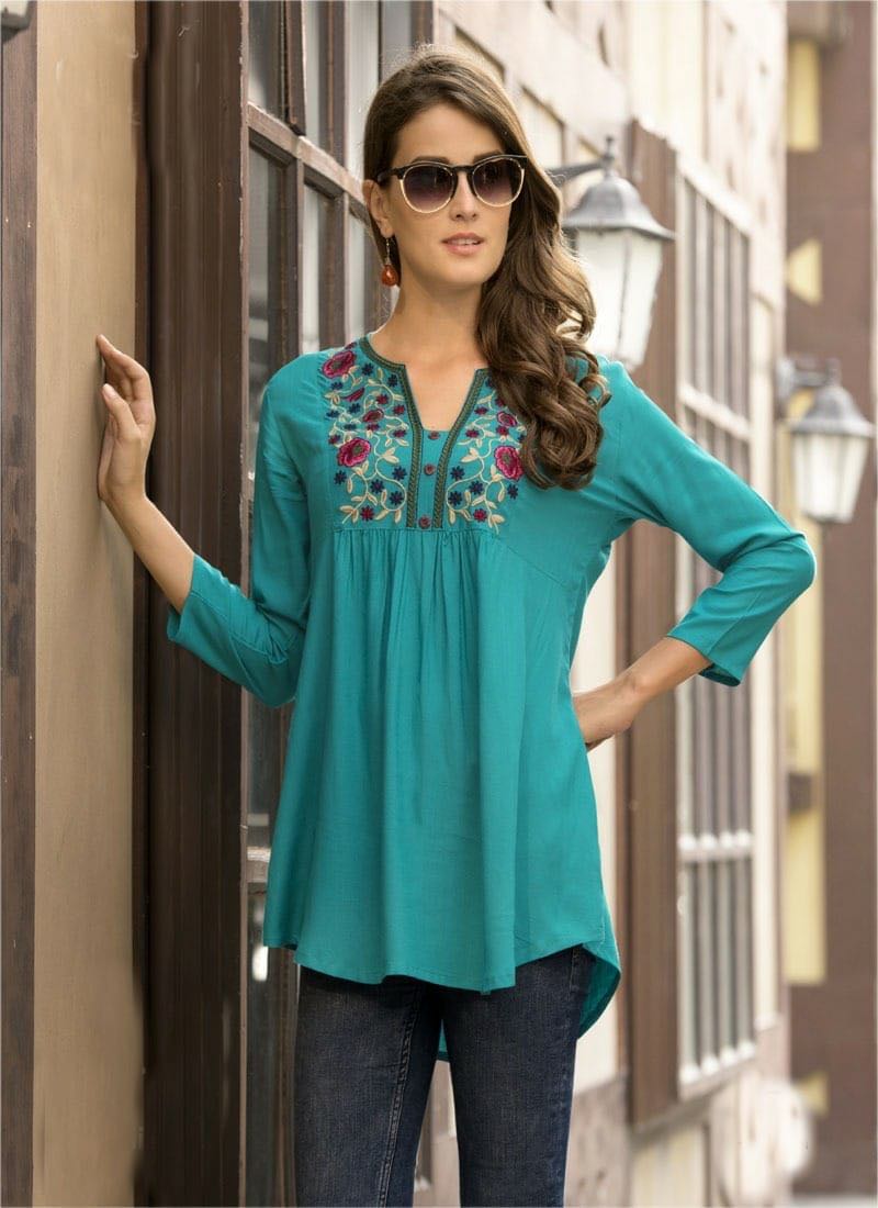 Trendy Embellished Tunics - Peacock Green