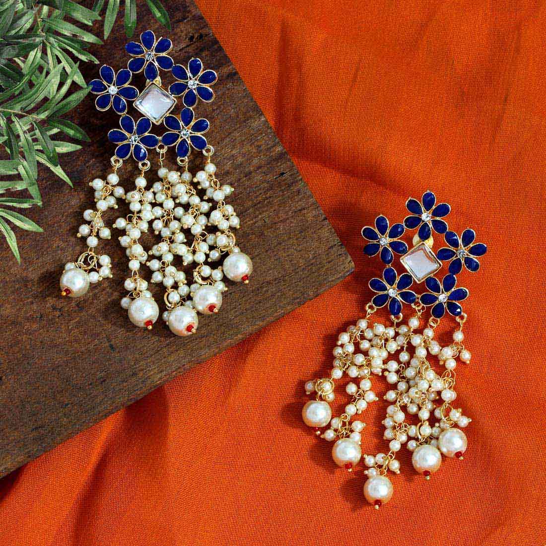 Dangler Earrings with Pearl Drops - Gold / Blue
