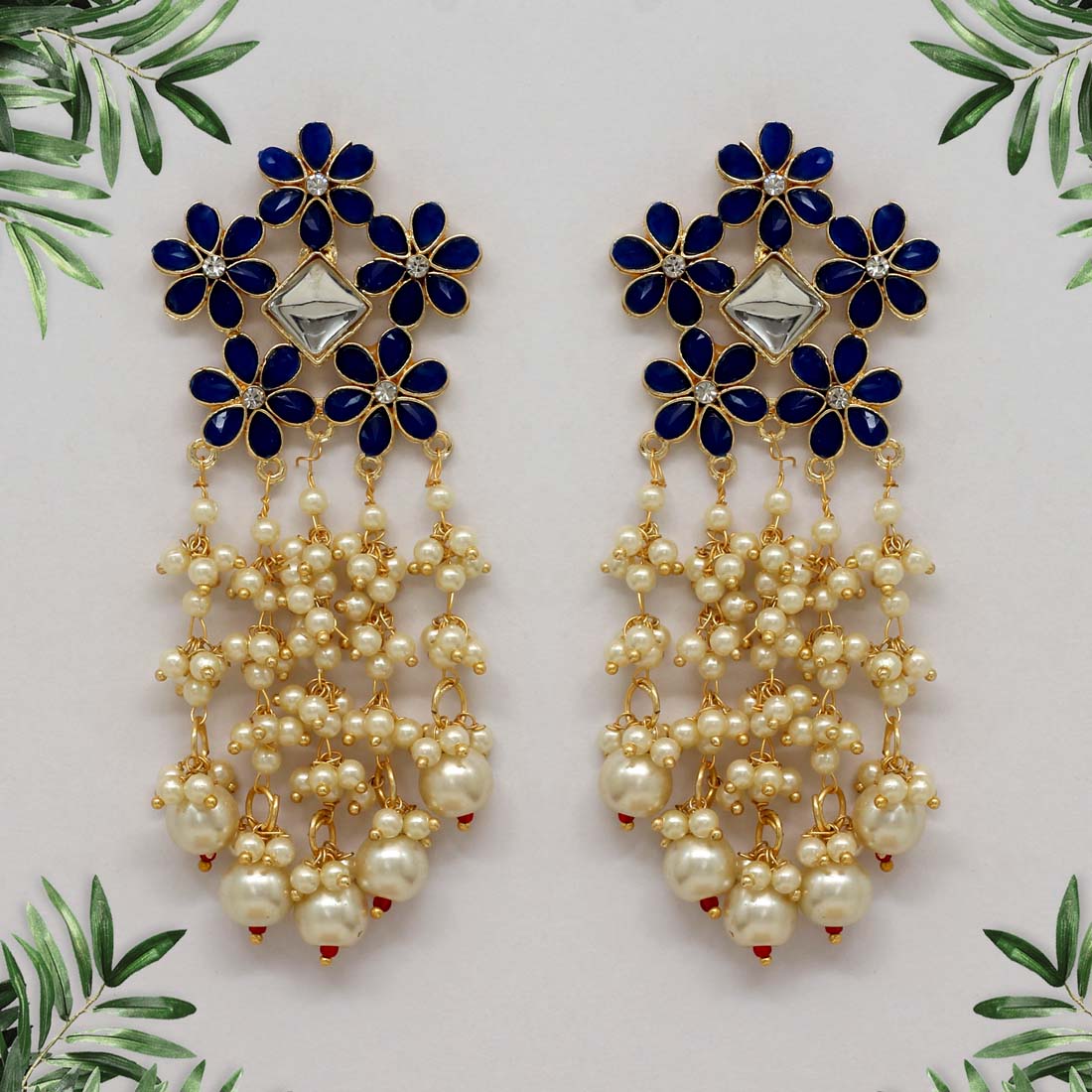 Dangler Earrings with Pearl Drops - Gold / Blue - Image 2