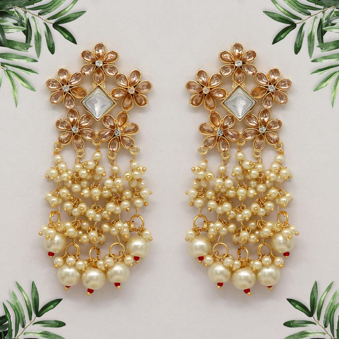 Dangler Earrings with Pearl Drops - Gold / Golden - Image 2