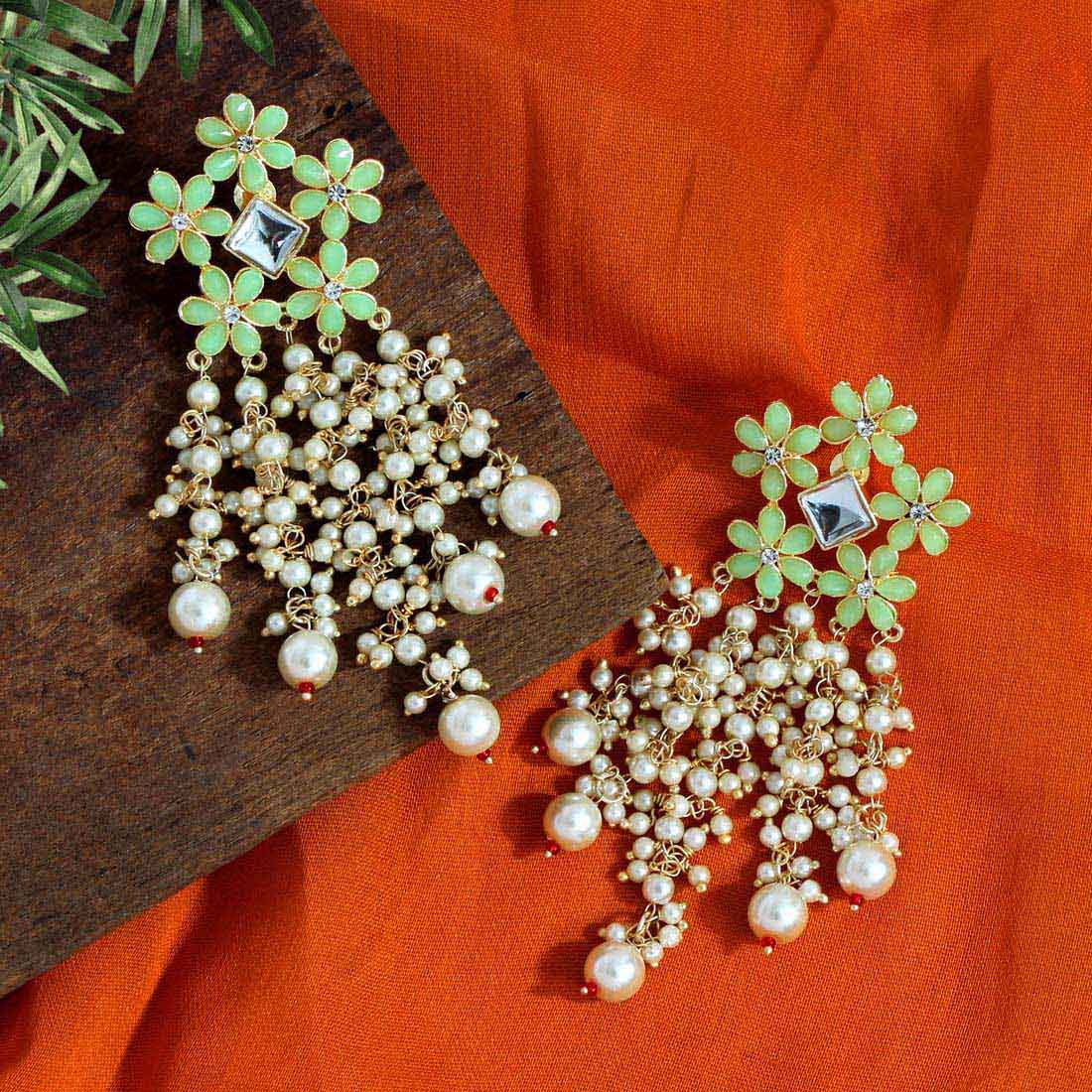 Dangler Earrings with Pearl Drops - Gold / Pista Green