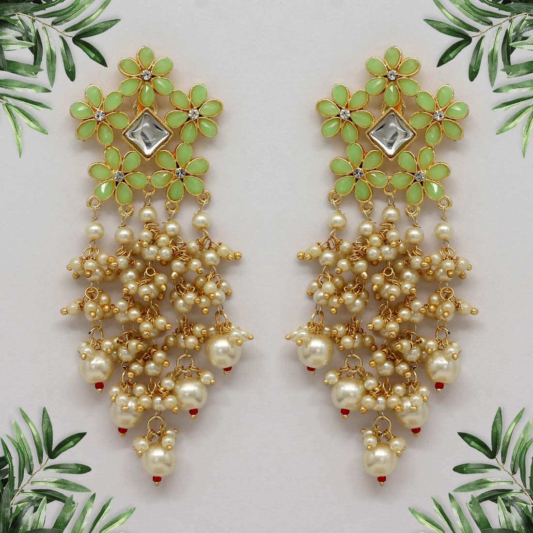 Dangler Earrings with Pearl Drops - Gold / Pista Green - Image 2