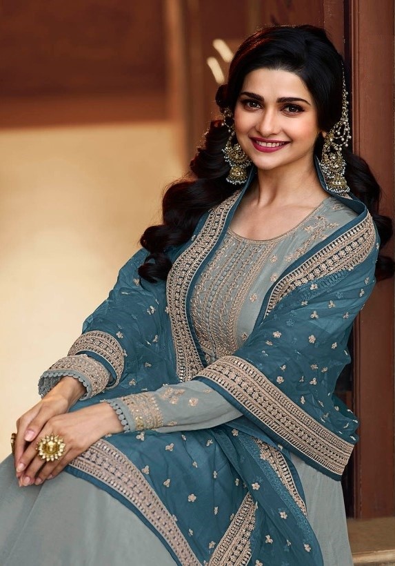 Premium Partywear Ethnic Designer Fully Stitched Anarkali Kurti Set - Grey - Image 2