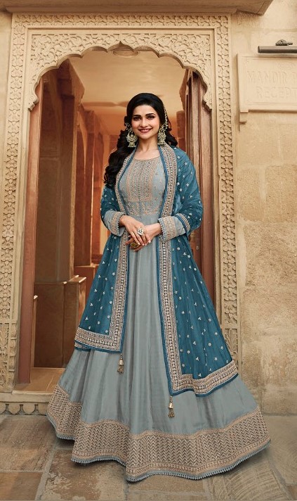 Premium Partywear Ethnic Designer Fully Stitched Anarkali Kurti Set - Grey